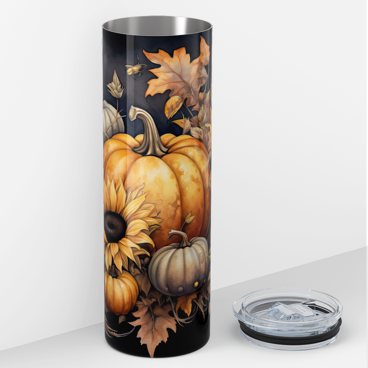 Pumpkins and Flowers on Black 20oz Skinny Tumbler