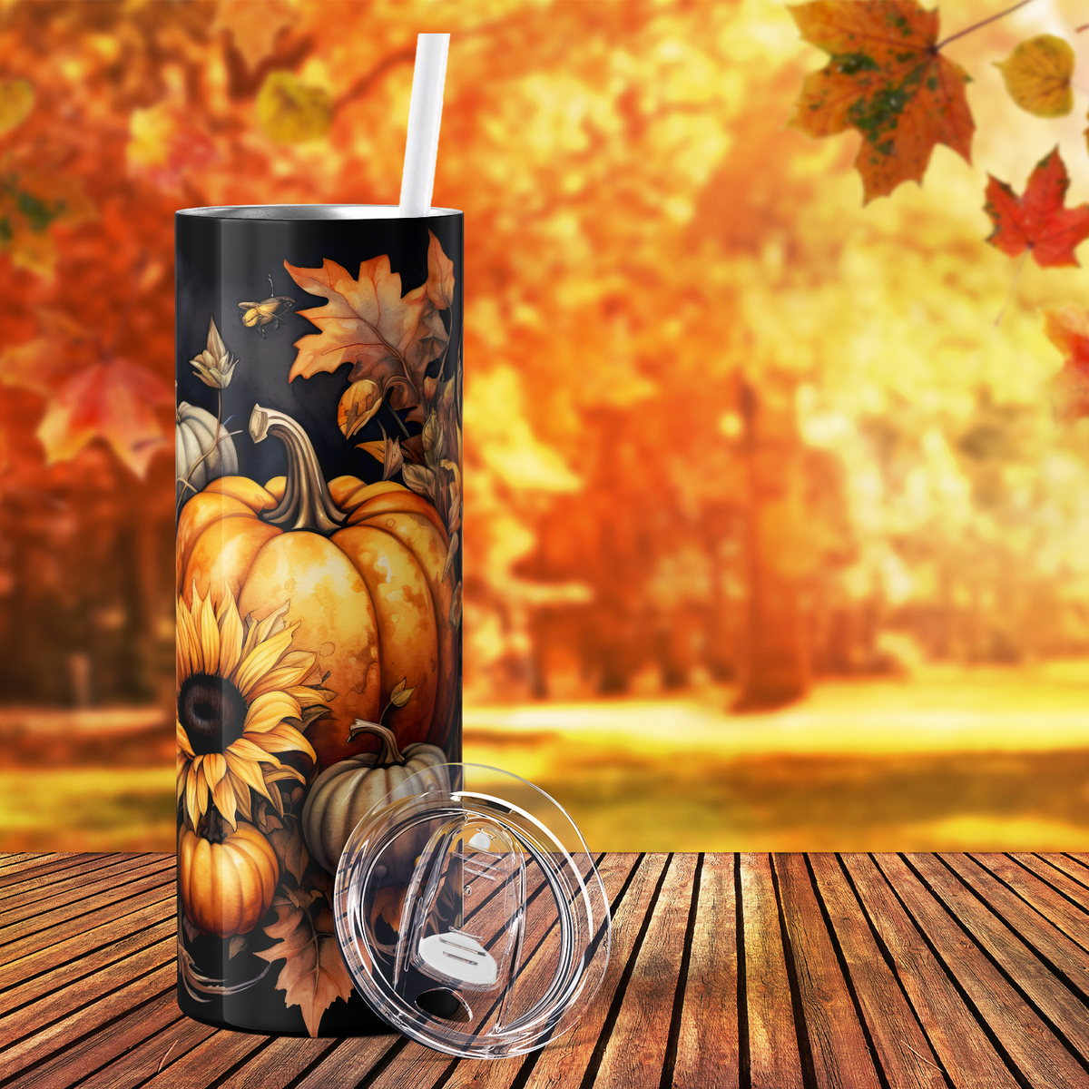 Pumpkins and Flowers on Black 20oz Skinny Tumbler