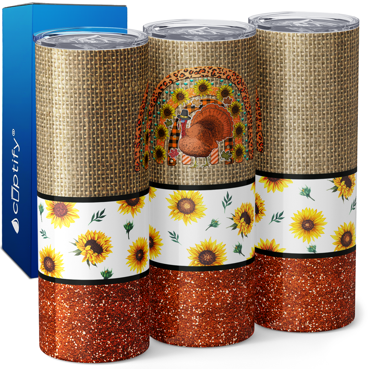 Turkey Rainbow with Sunflowers and Glitter 20oz Skinny Tumbler