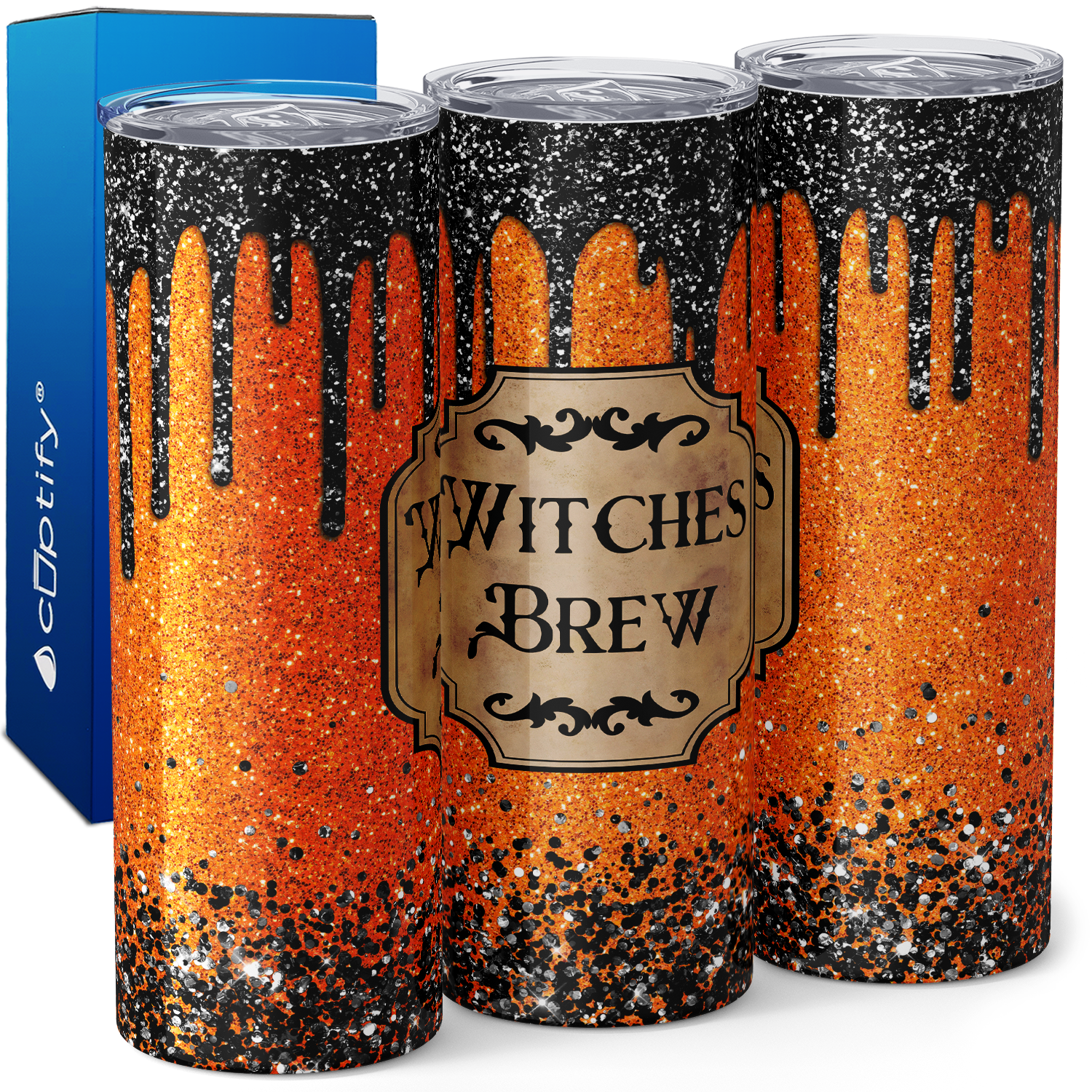 Witches Brew Orange and Black Glitter 20oz Skinny Tumbler