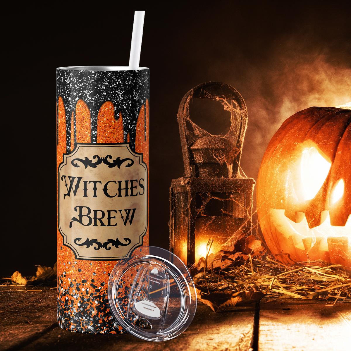 Witches Brew Orange and Black Glitter 20oz Skinny Tumbler