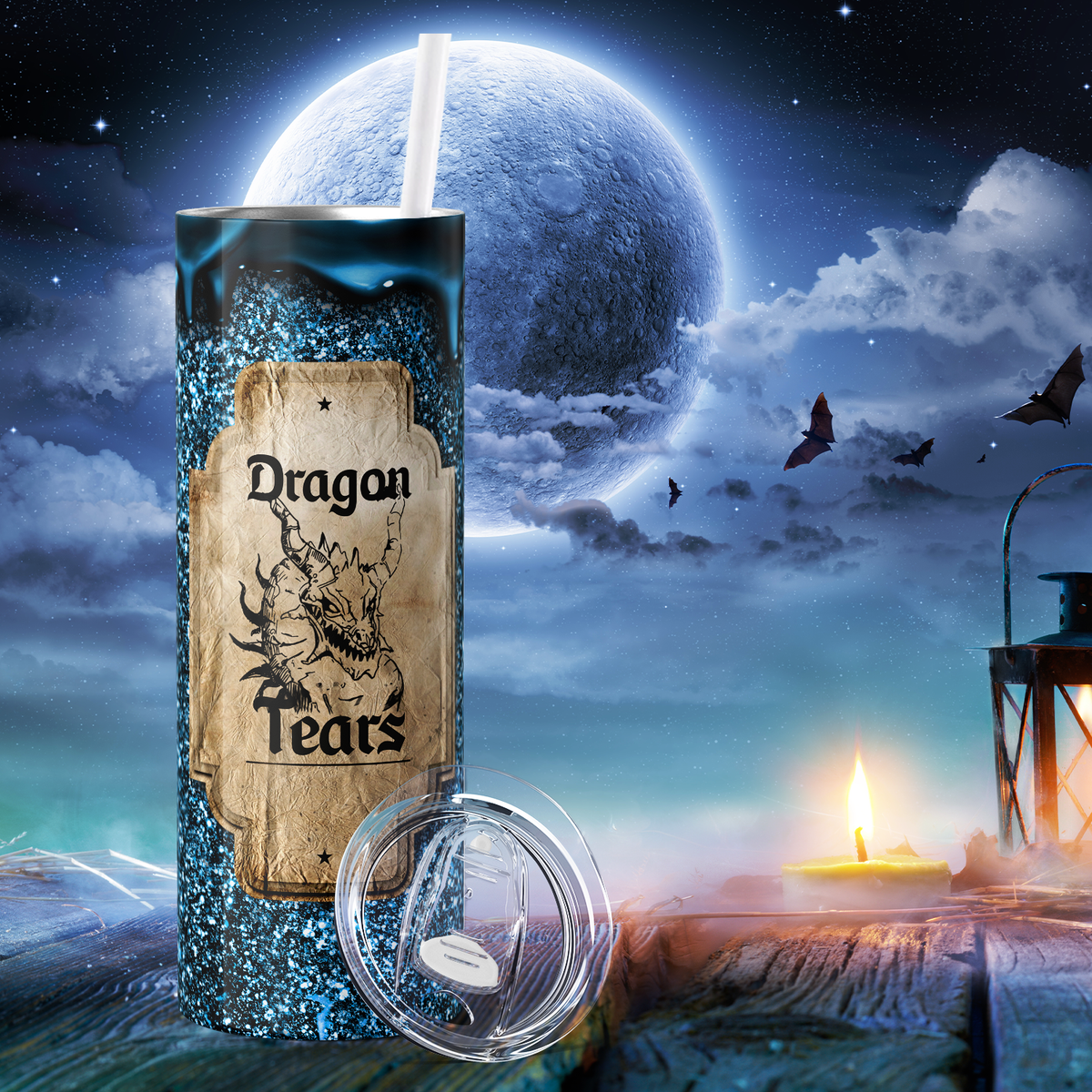Dragon Tears Potion Blue Glitter 20oz Skinny Tumbler