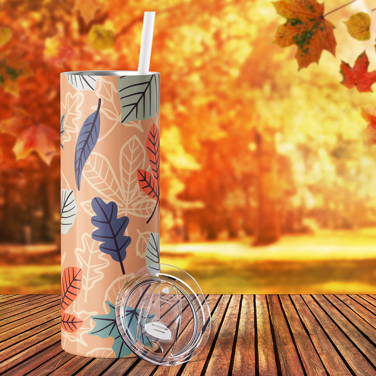 Pastel Fall Leaves Orange 20oz Skinny Tumbler