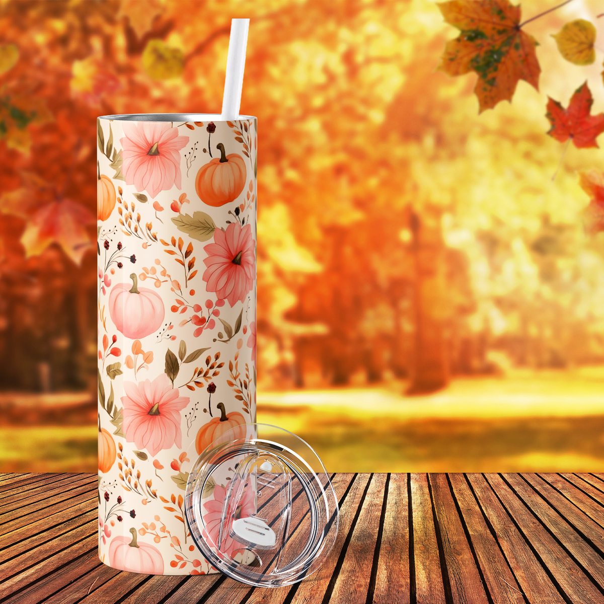 Pink Pumpkins and Leaves 20oz Skinny Tumbler