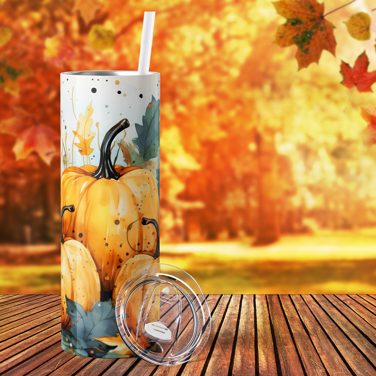 Pumpkins and Leaves Orange and Blue 20oz Skinny Tumbler