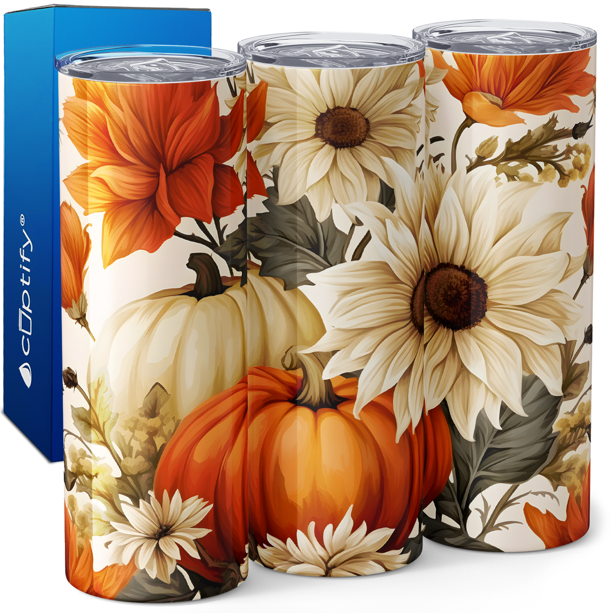 Pumpkins and White Flowers 20oz Skinny Tumbler