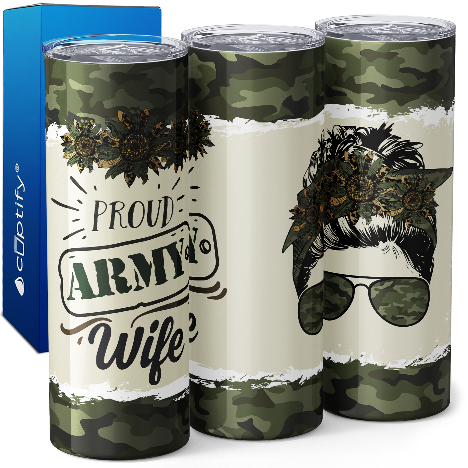 Proud Army Wife Messy Bun 20oz Skinny Tumbler