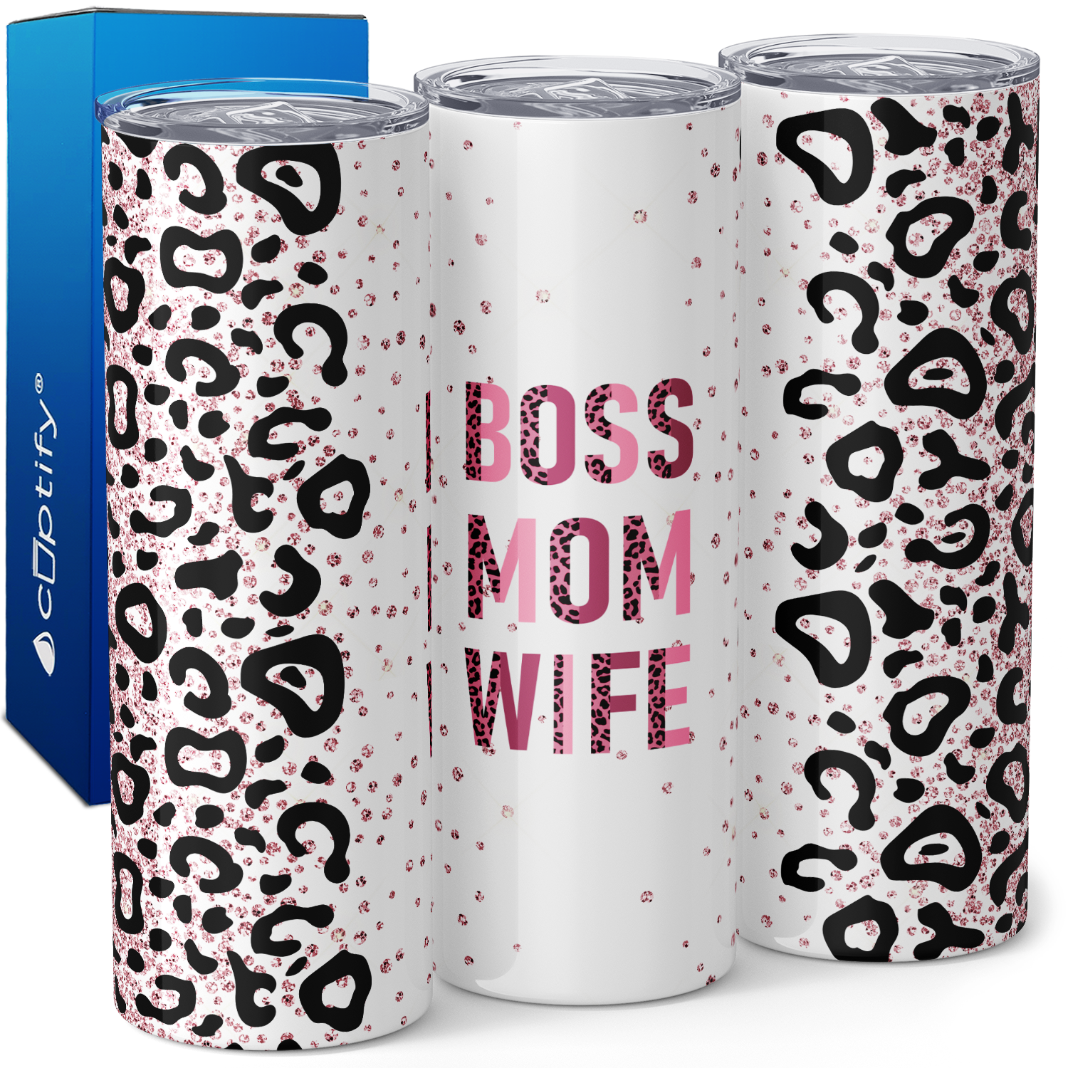 Boss Mom Wife Pink Glitter Leopard Print 20oz Skinny Tumbler