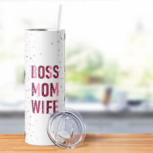 Boss Mom Wife Pink Glitter Leopard Print 20oz Skinny Tumbler