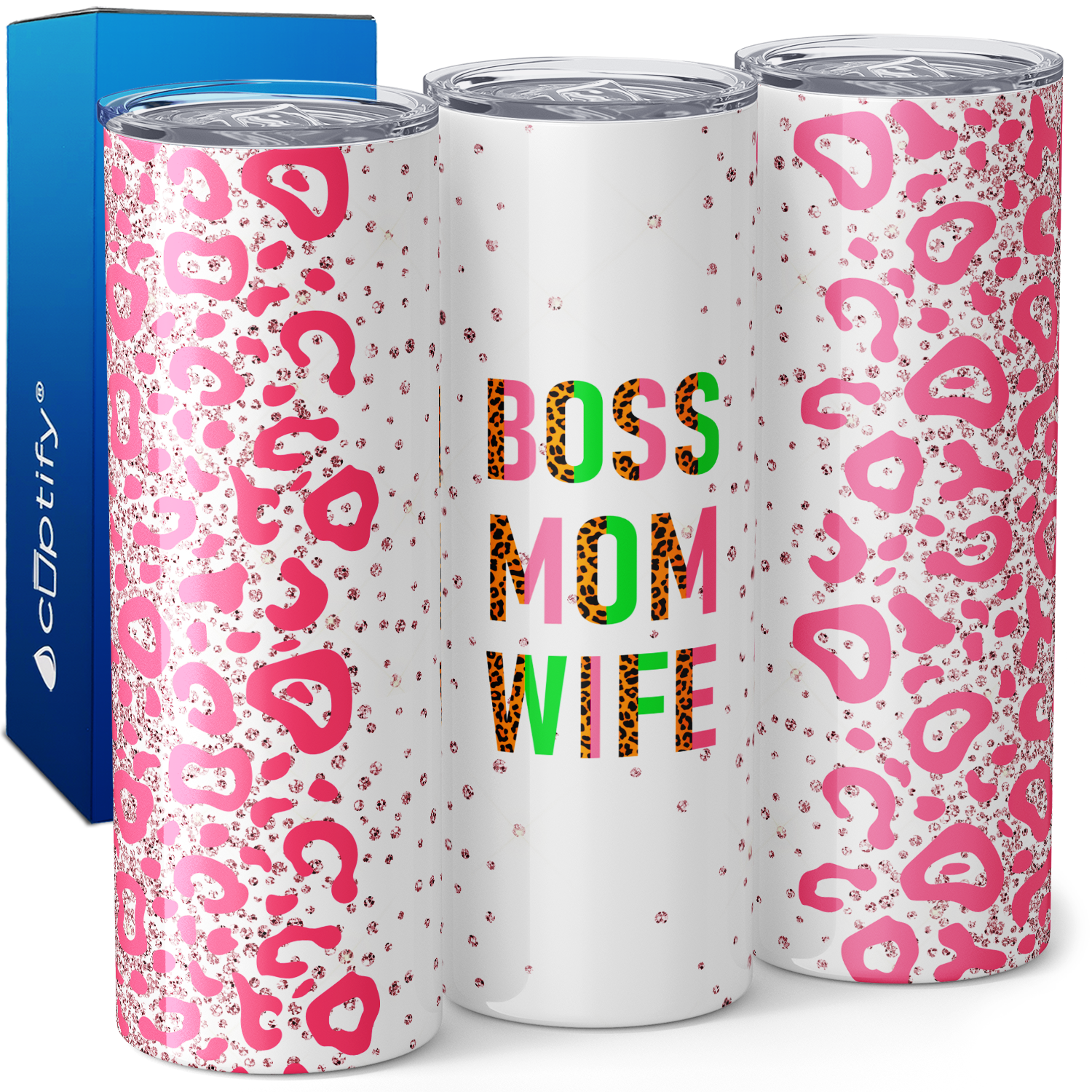 Boss Mom Wife Pink and Green Glitter Leopard Print 20oz Skinny Tumbler