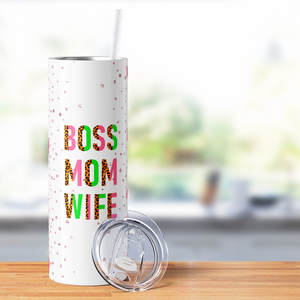 Boss Mom Wife Pink and Green Glitter Leopard Print 20oz Skinny Tumbler