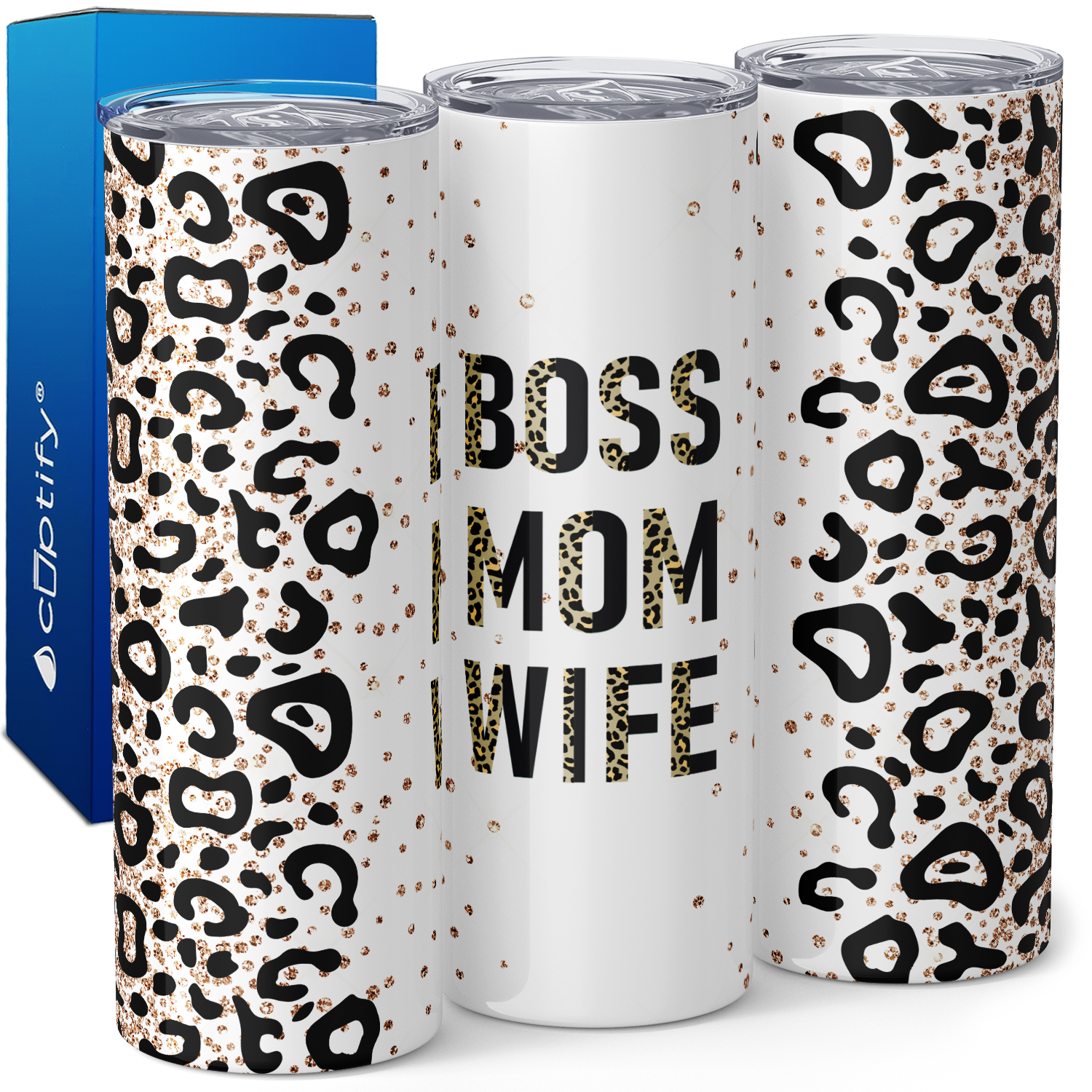 Boss Mom Wife Glitter Leopard Print 20oz Skinny Tumbler