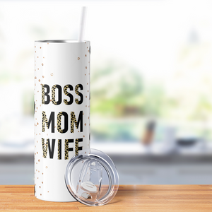 Boss Mom Wife Glitter Leopard Print 20oz Skinny Tumbler