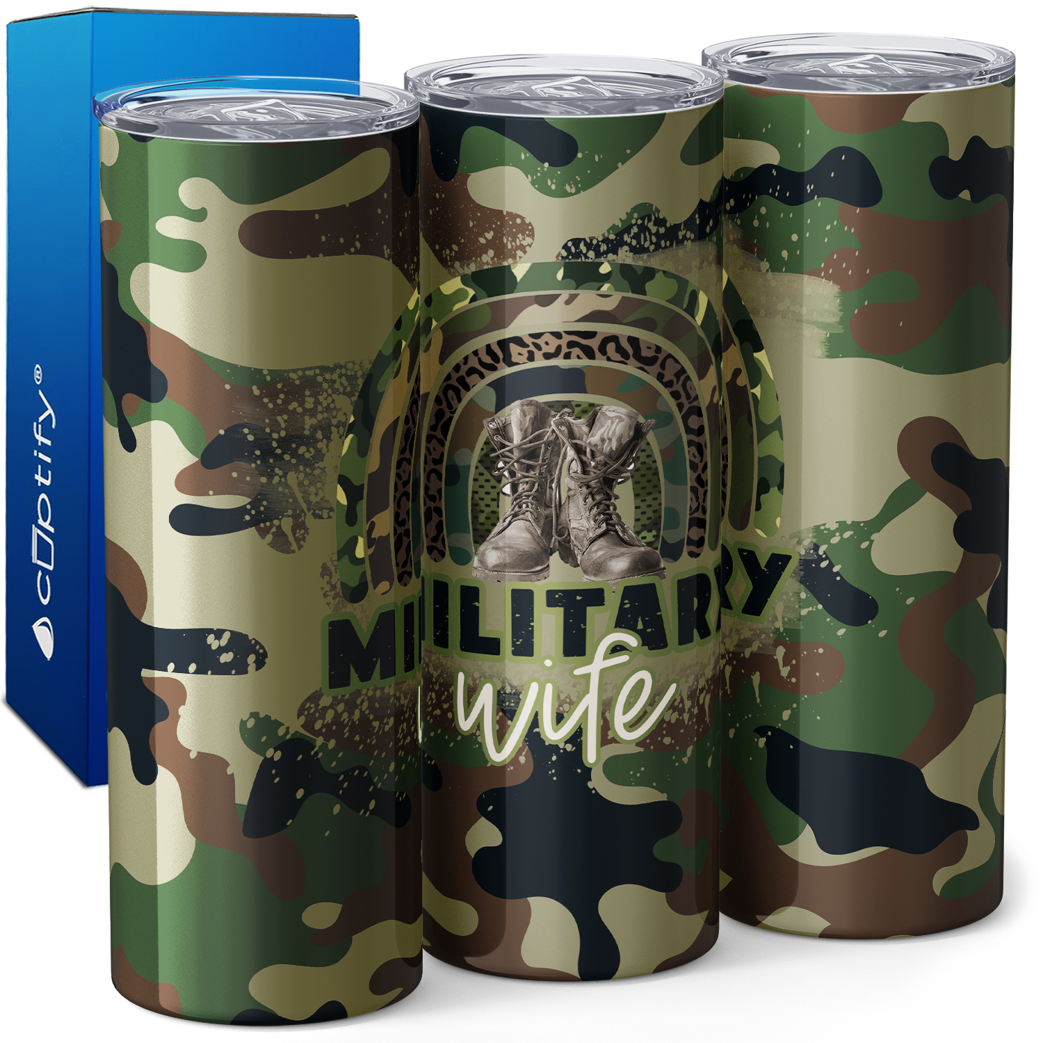 Military Wife Camo Rainbow and Boots 20oz Skinny Tumbler