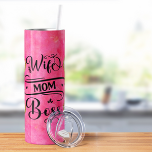 Wife Mom Boss Pink and Gold 20oz Skinny Tumbler