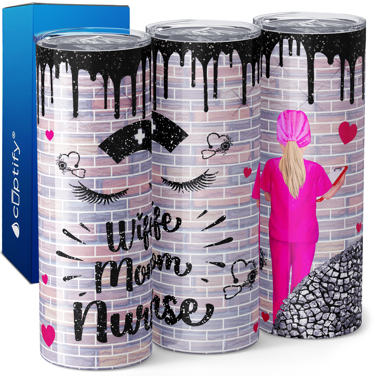 Wife Mom Nurse Pink Scrubs 20oz Skinny Tumbler