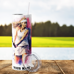 Personalized Tennis Girl Watercolor 20oz Skinny Tumbler