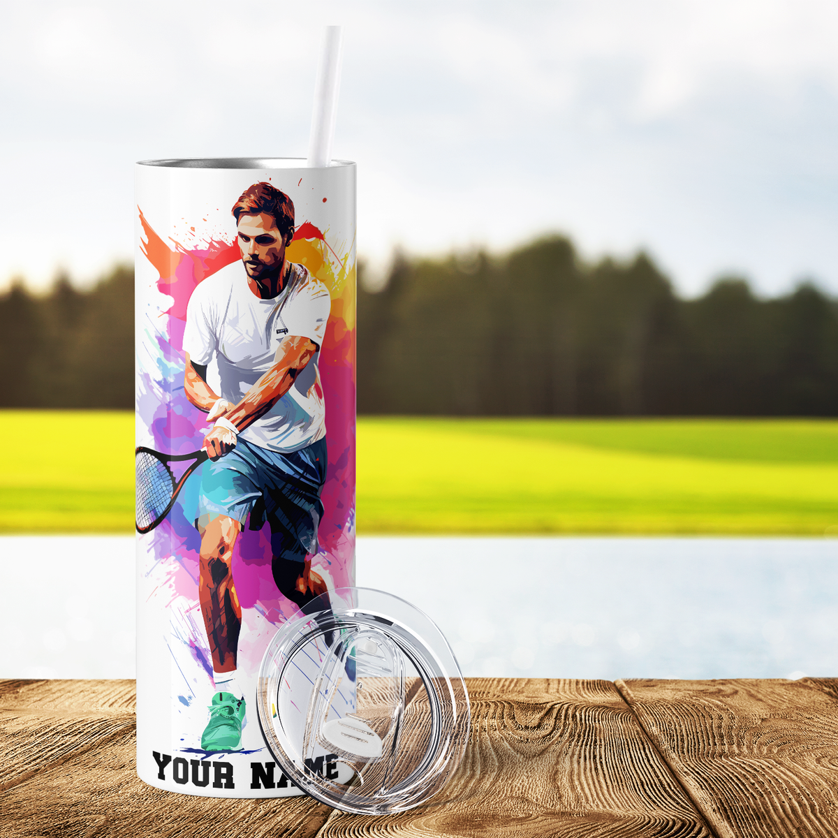 Personalized Tennis Guy Watercolor 20oz Skinny Tumbler