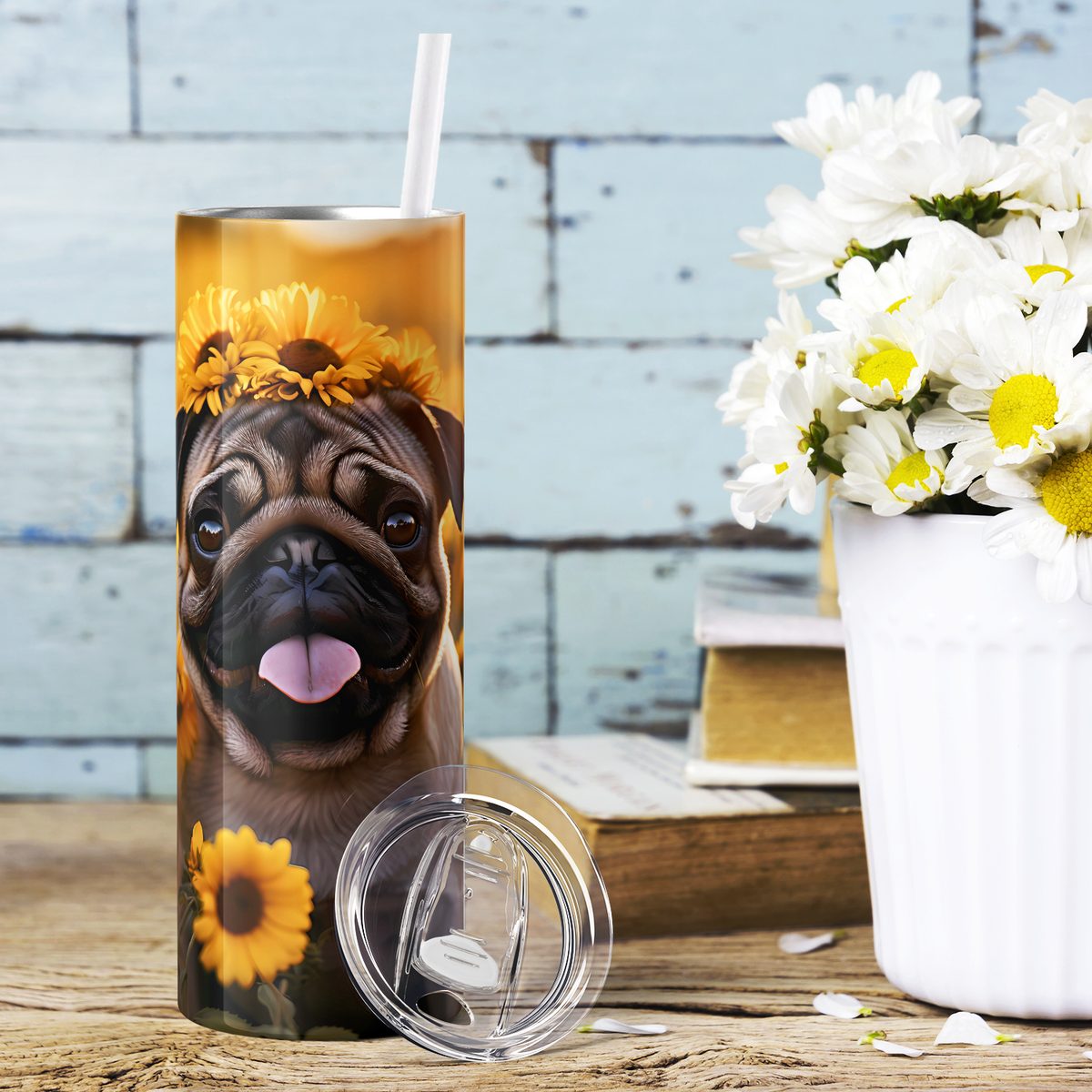 Pug Sunflower Field 20oz Skinny Tumbler