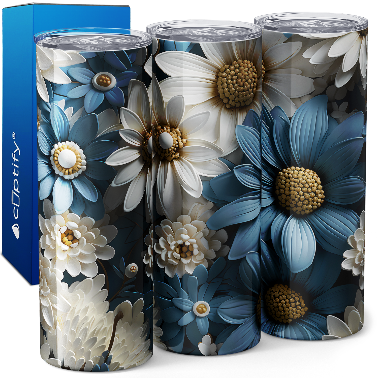 Blue and White Sunflowers 3D 20oz Skinny Tumbler