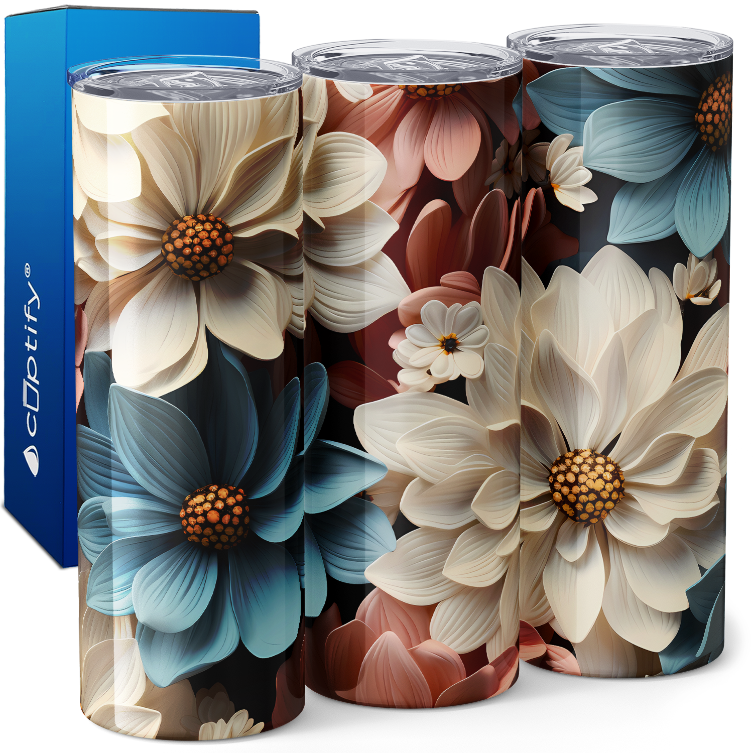 Blue White and Pink Flowers 3D 20oz Skinny Tumbler