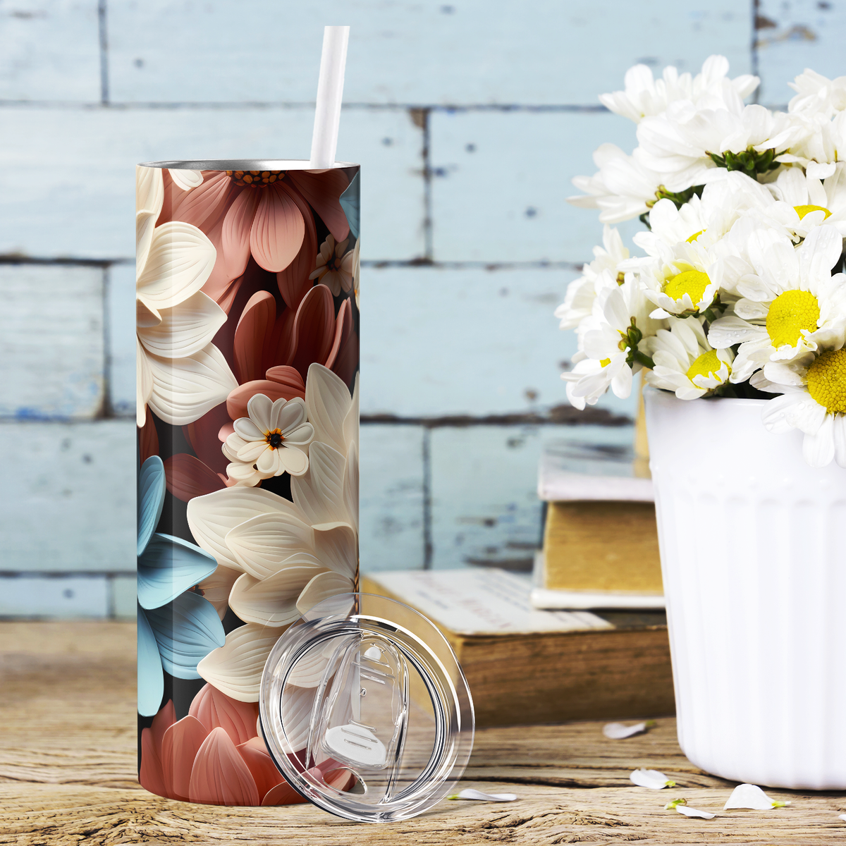 Blue White and Pink Flowers 3D 20oz Skinny Tumbler