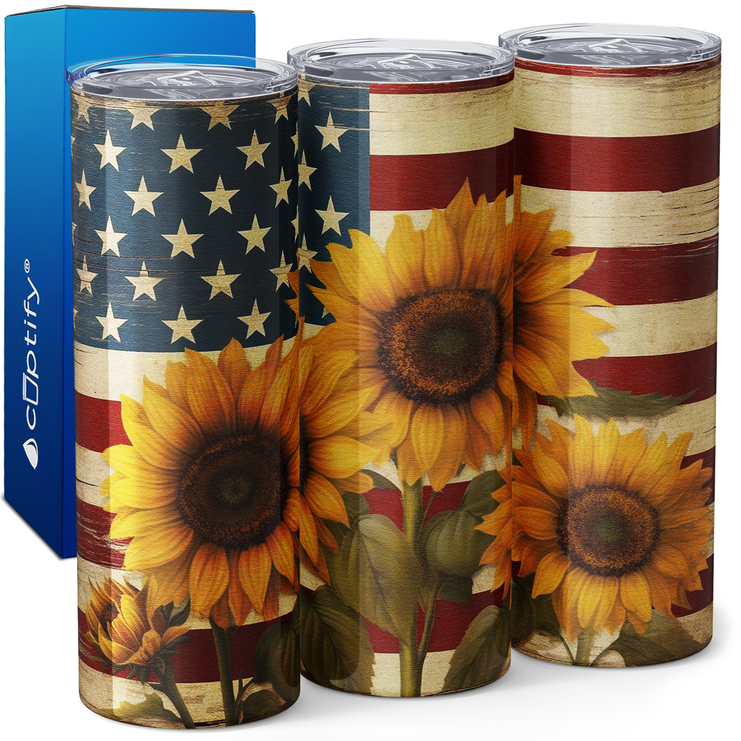 Sunflowers and American Flag Wood 20oz Skinny Tumbler