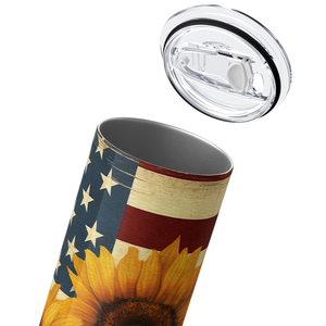 Sunflowers and American Flag Wood 20oz Skinny Tumbler