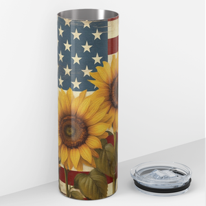 Sunflowers and American Flag Wood 20oz Skinny Tumbler