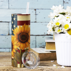 Sunflowers and American Flag Wood 20oz Skinny Tumbler