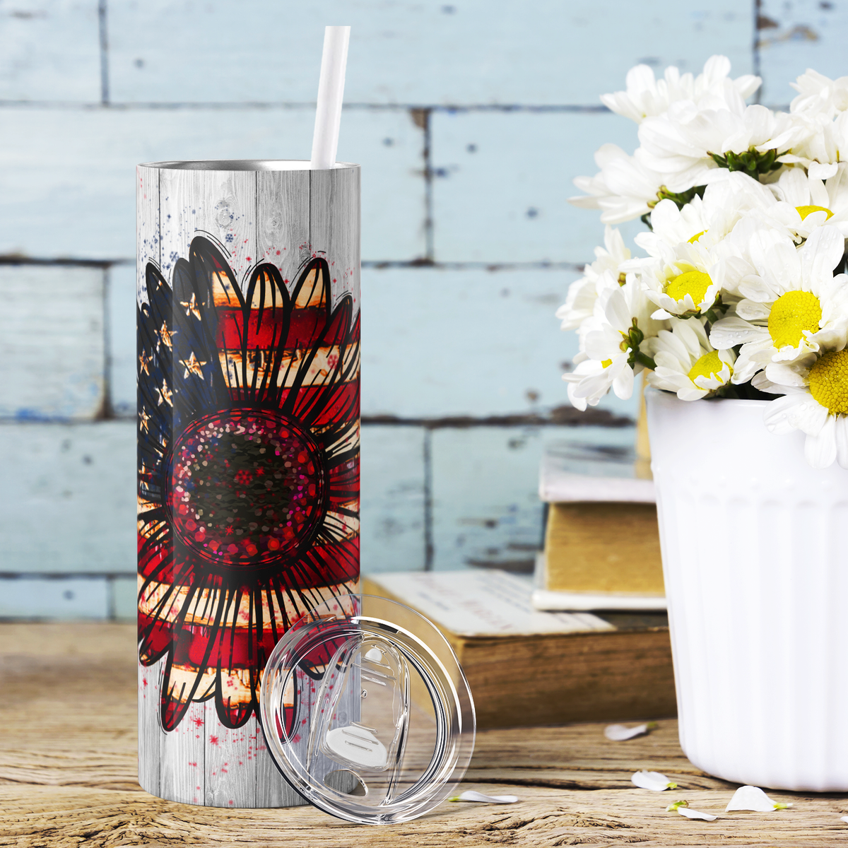 American Flag Sunflowers 20oz Skinny Tumbler