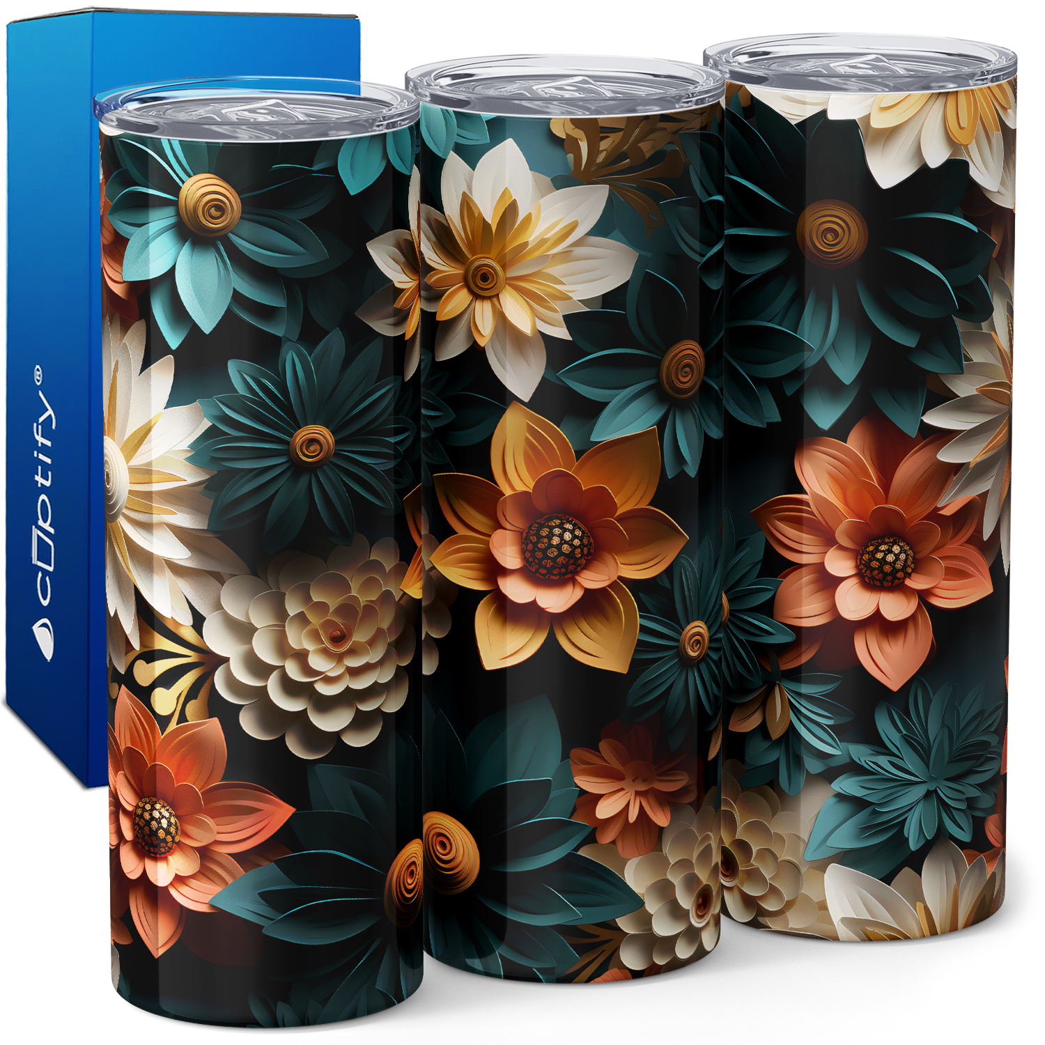 Teal and White Flowers 3D 20oz Skinny Tumbler