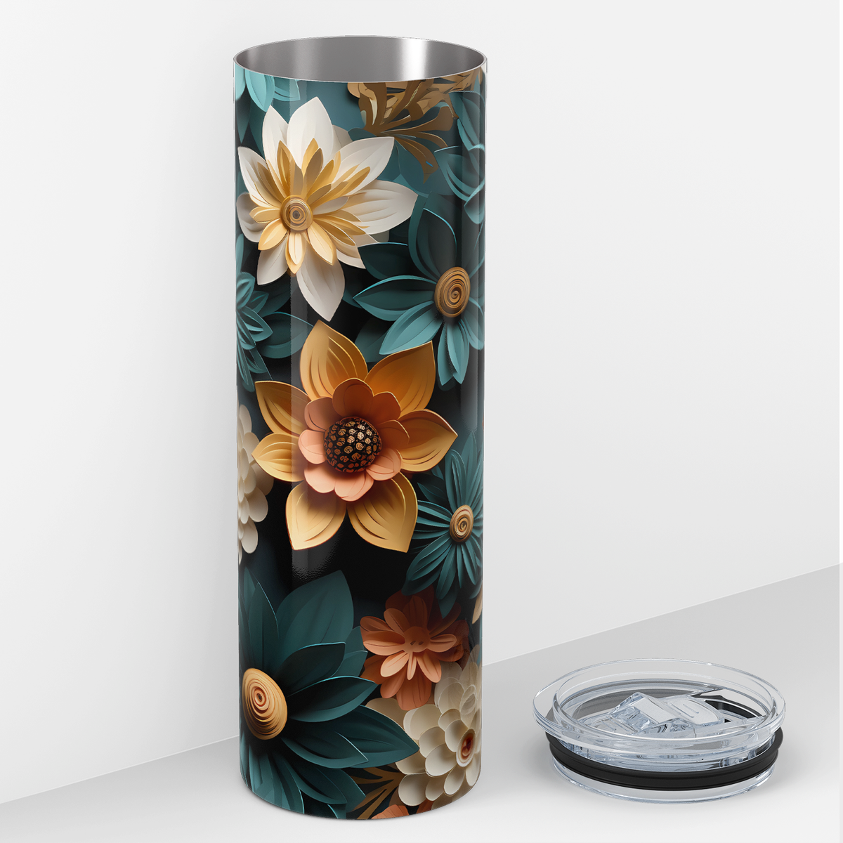 Teal and White Flowers 3D 20oz Skinny Tumbler