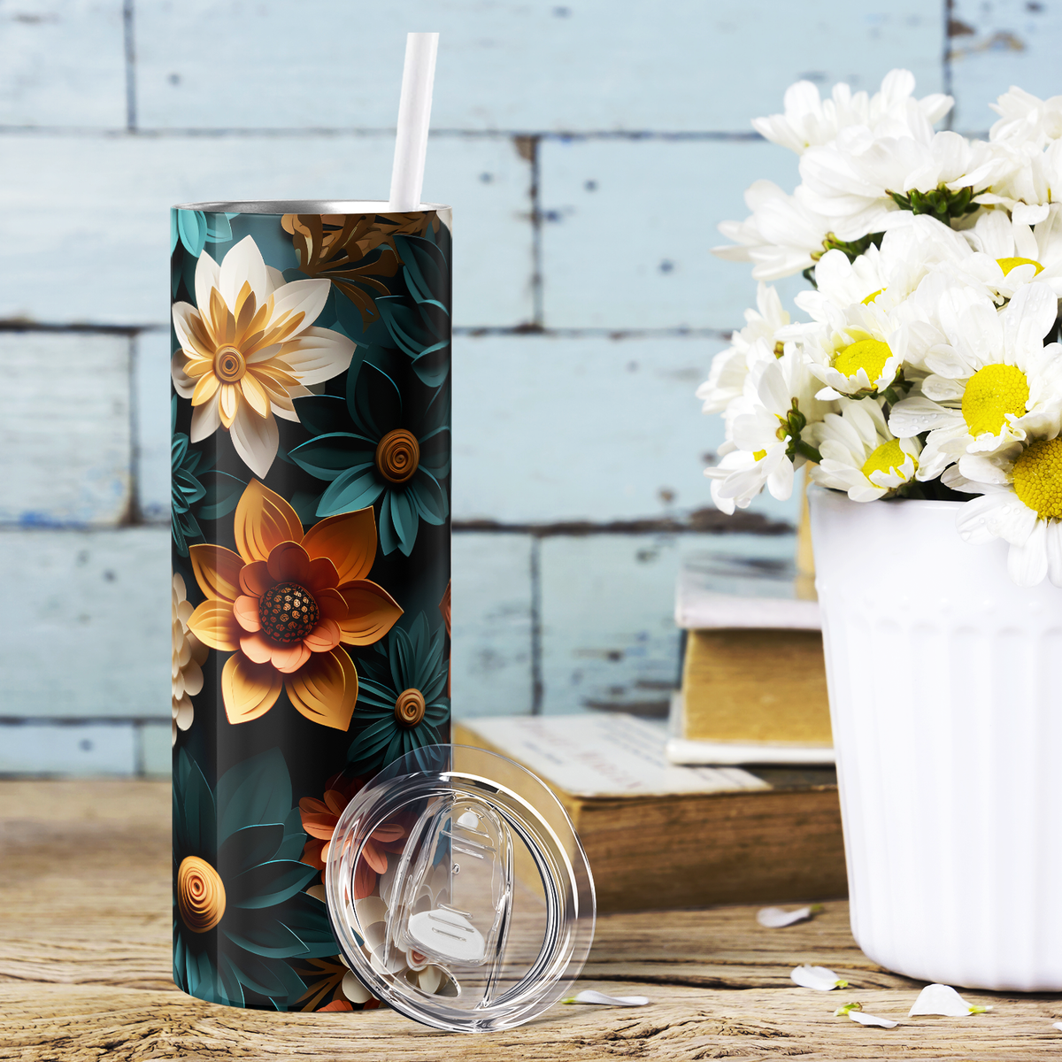 Teal and White Flowers 3D 20oz Skinny Tumbler