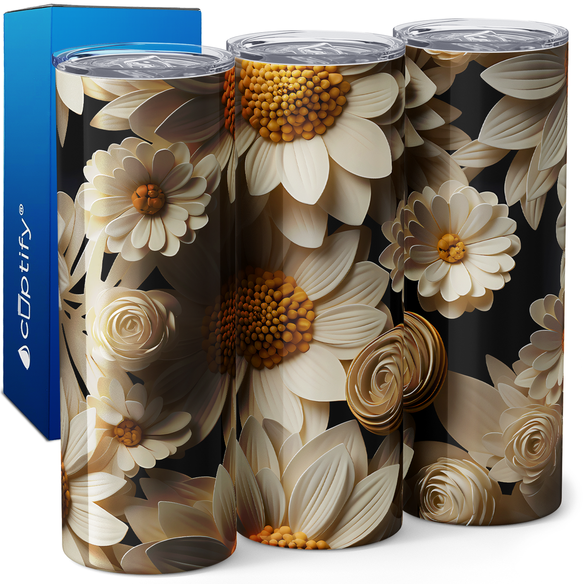 White Sunflowers and Roses 3D 20oz Skinny Tumbler