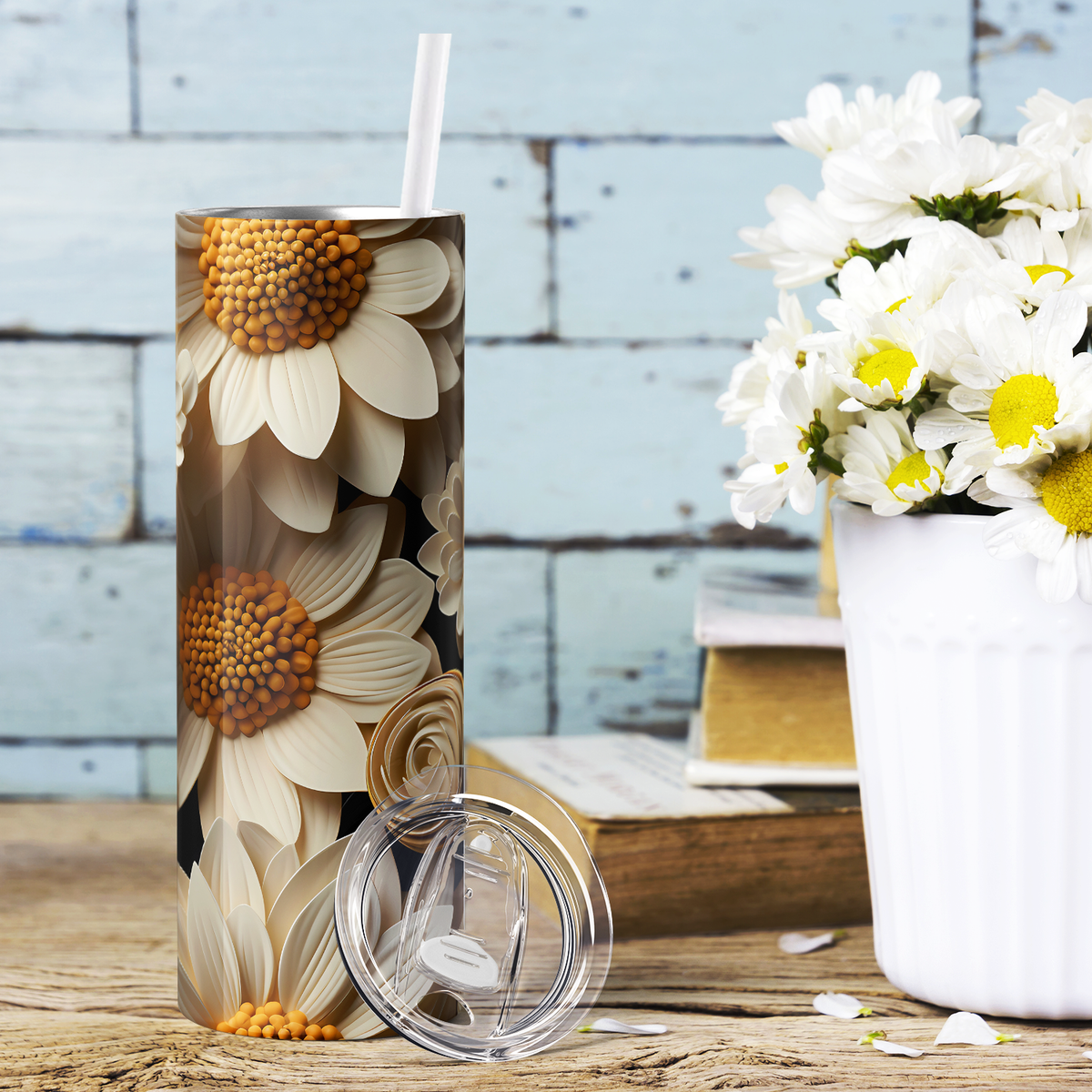 White Sunflowers and Roses 3D 20oz Skinny Tumbler