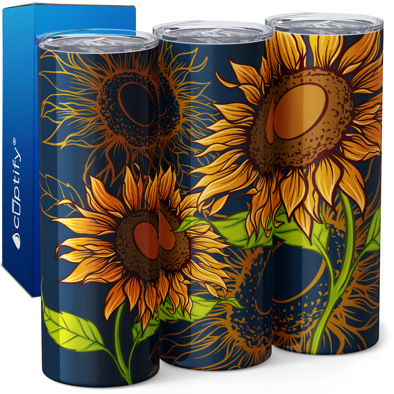 Sunflowers on Navy Blue 20oz Skinny Tumbler