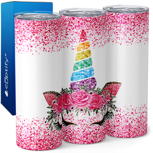 Unicorn Face Pink Rose Crown 20oz Skinny Tumbler