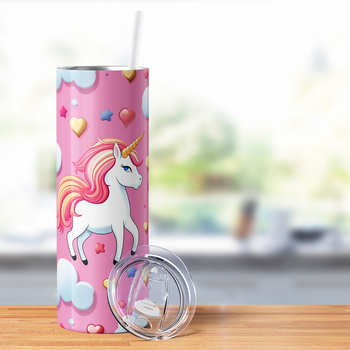 Pink Unicorn and Hearts 20oz Skinny Tumbler