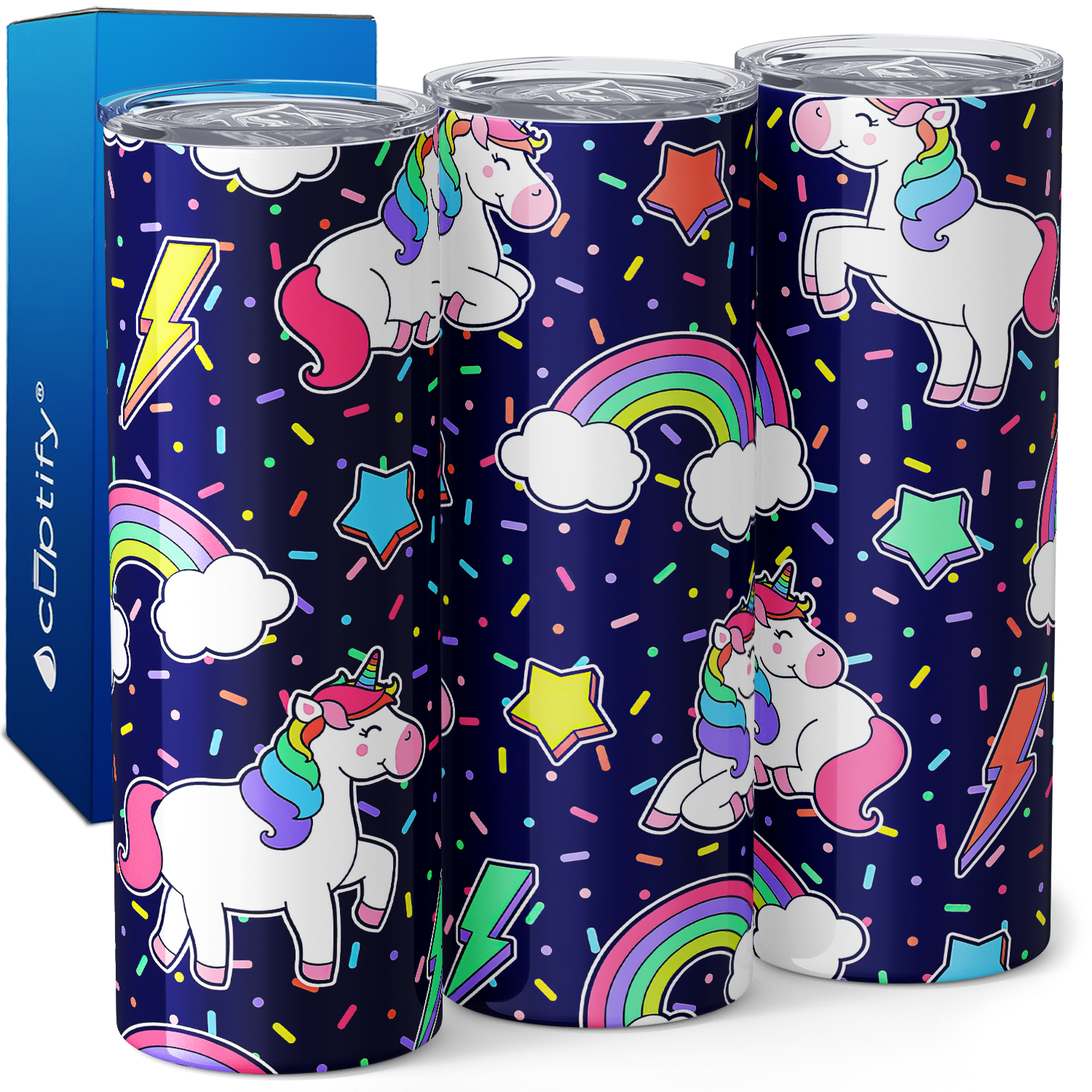 Unicorns Rainbows and Stars on Sprinkles 20oz Skinny Tumbler