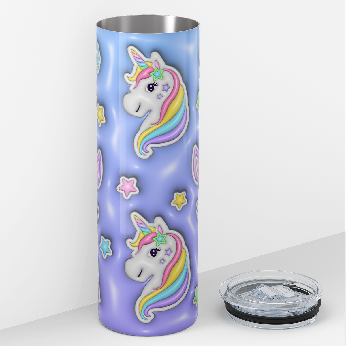 Unicorns and Unicorn Faces Purple Inflated Balloon 20oz Skinny Tumbler