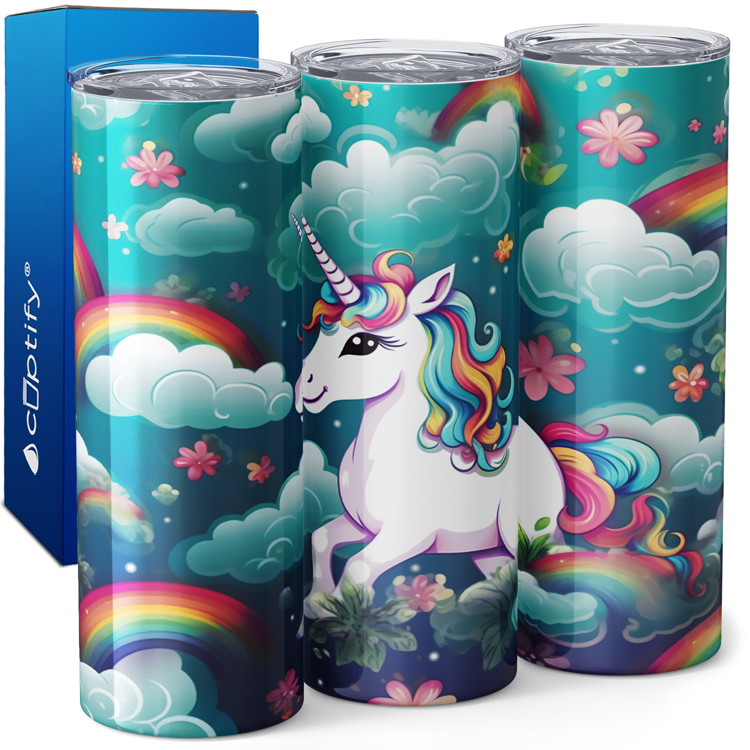 Unicorns and Rainbows on Teal 20oz Skinny Tumbler