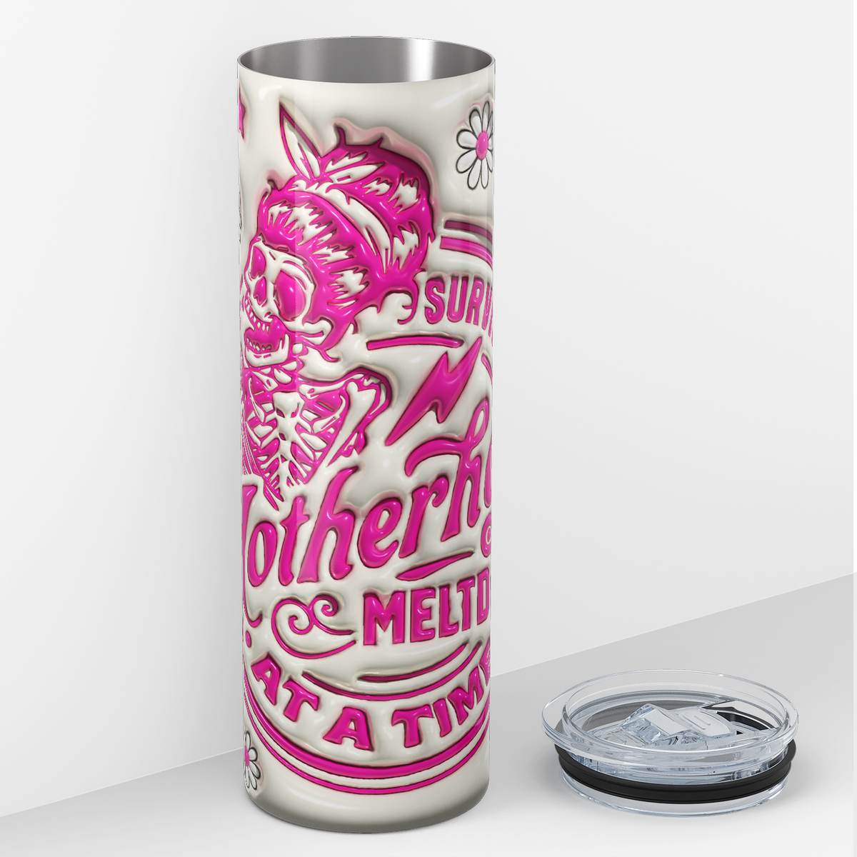 Surviving Motherhood One Meltdown at a Time Inflated 20oz Skinny Tumbler