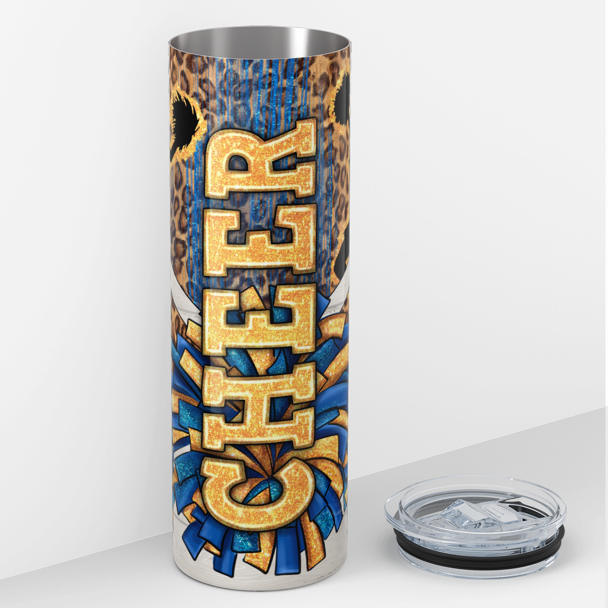 Cheer Blue and Gold Leopard Print 20oz Skinny Tumbler