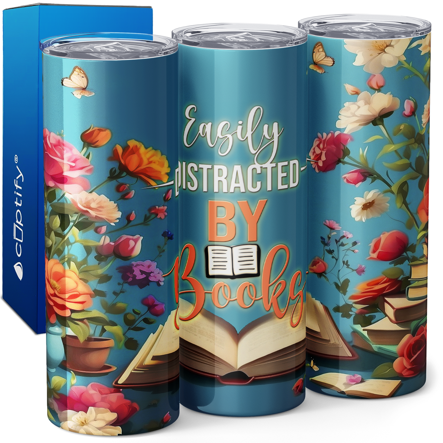 Easily Distracted by Books with Flowers 20oz Skinny Tumbler