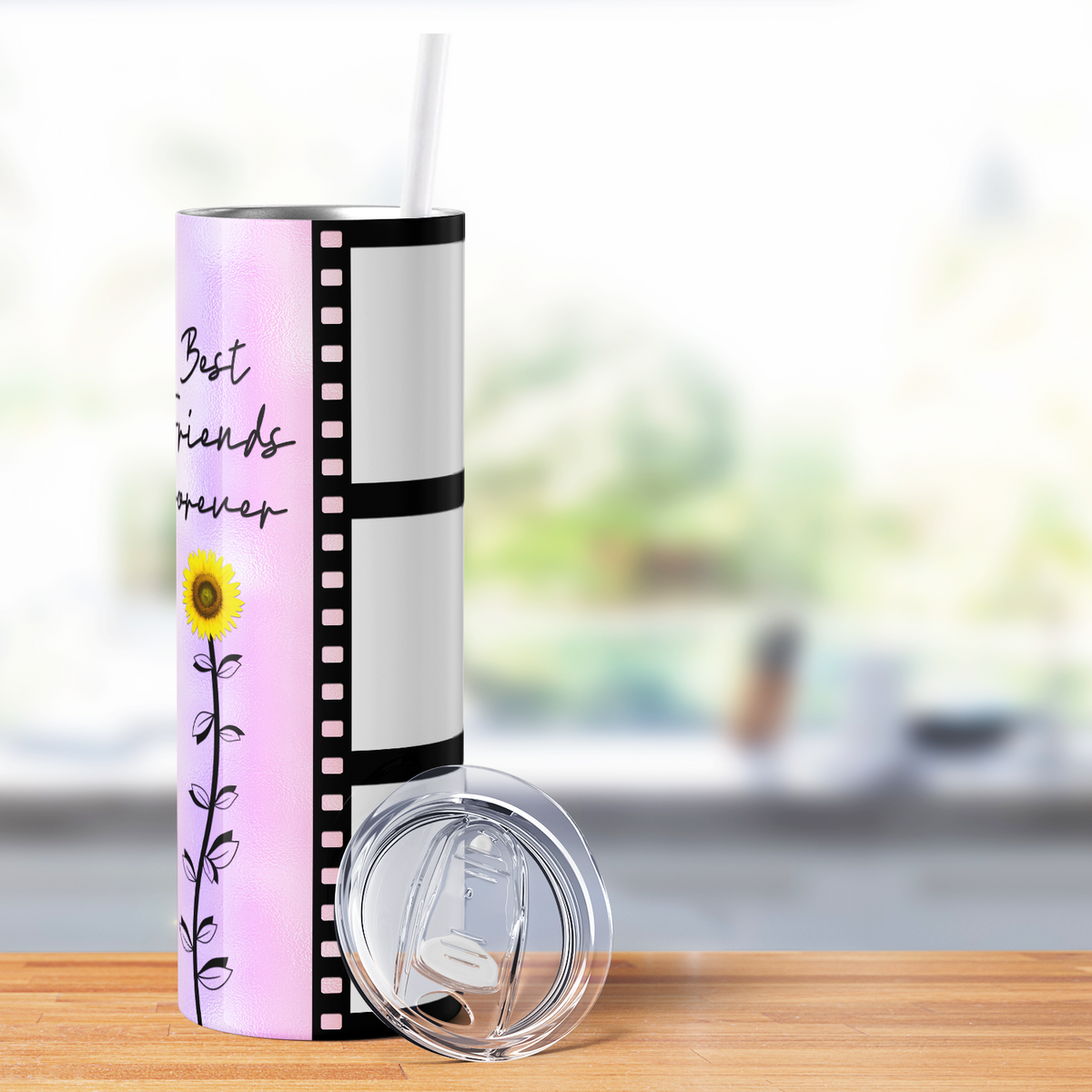 Personalized Photo Film Strip Best Friends Forever with Sunflower 20oz Skinny Tumbler