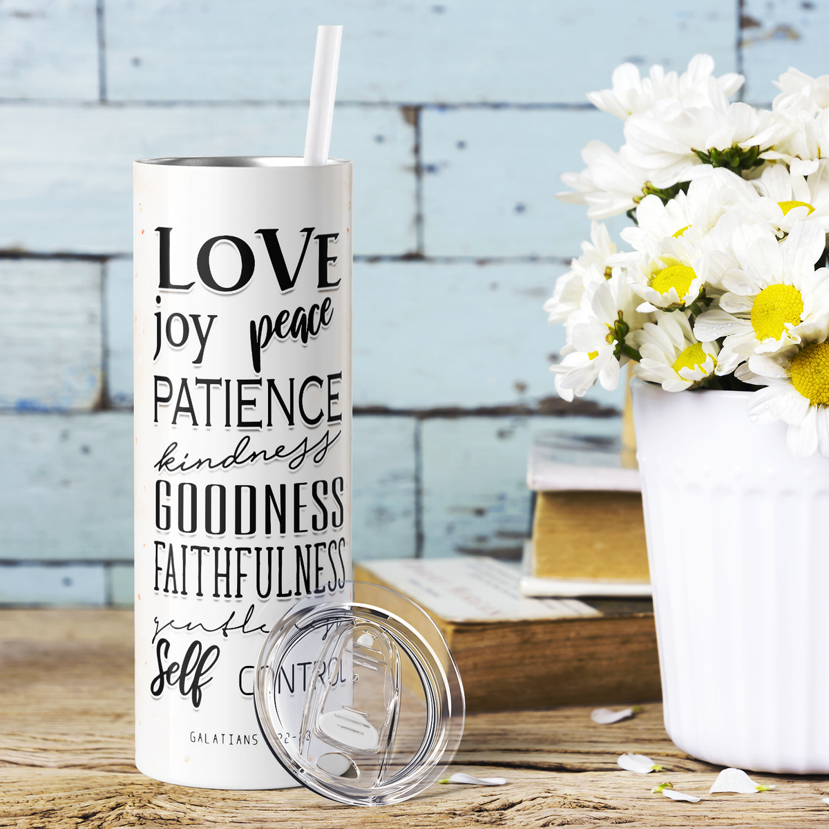 Love Joy Peach Patience Galatians 5 22-23 20oz Skinny Tumbler