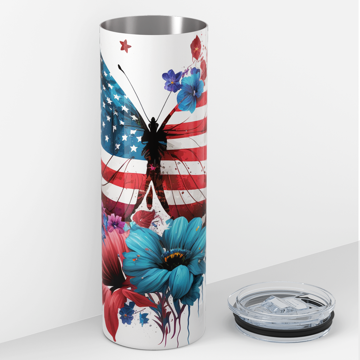 American Butterflies with Flowers 20oz Skinny Tumbler