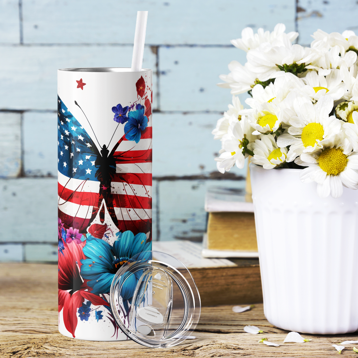 American Butterflies with Flowers 20oz Skinny Tumbler