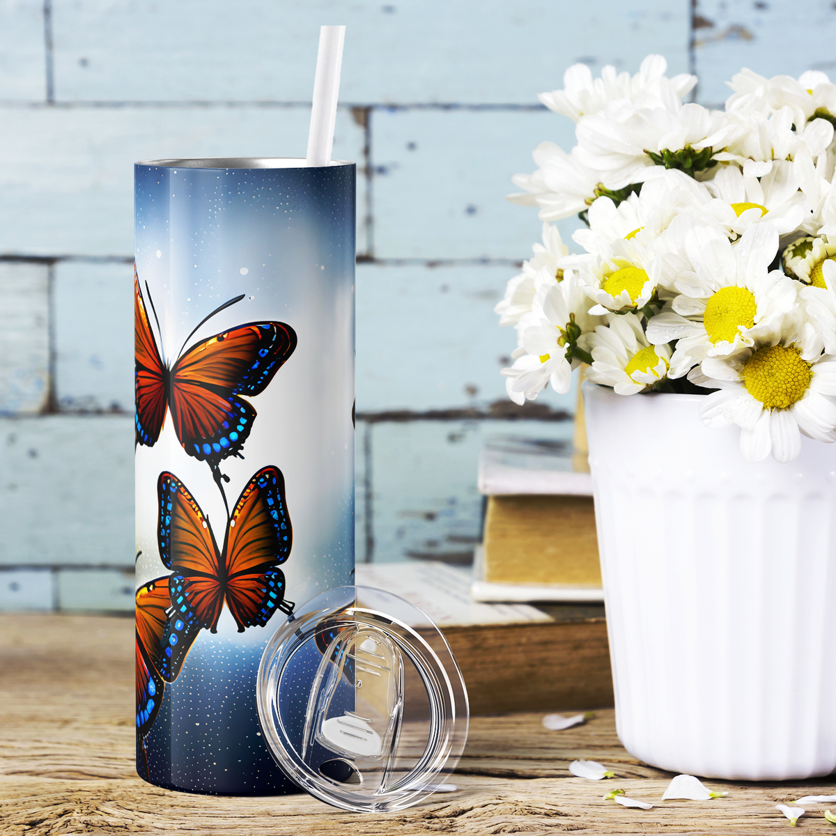 Orange and Blue Butterflies 20oz Skinny Tumbler